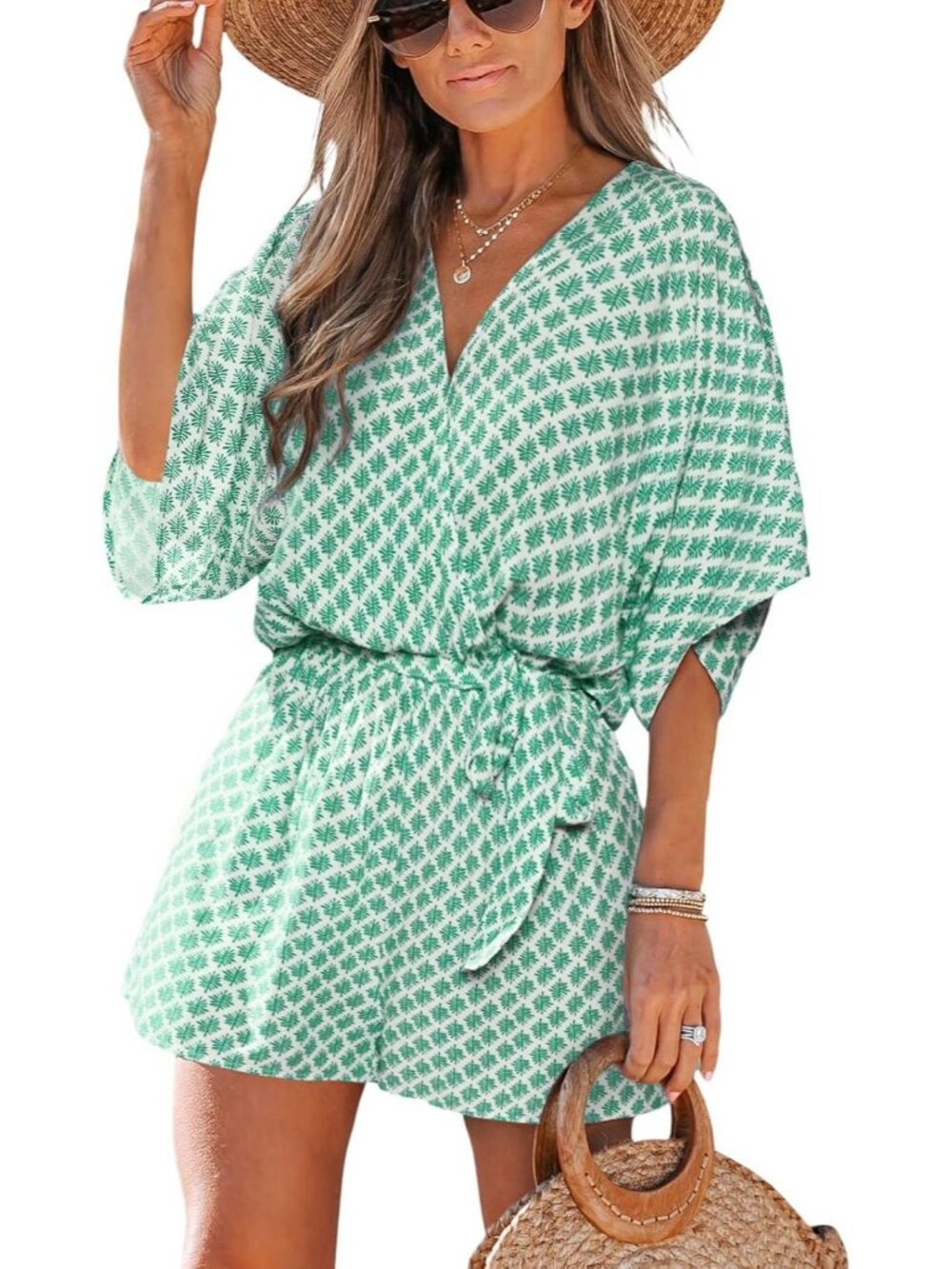 Women's Boho Green Summer Lace Up Printed Half Sleeve Casual Wide leg Romper